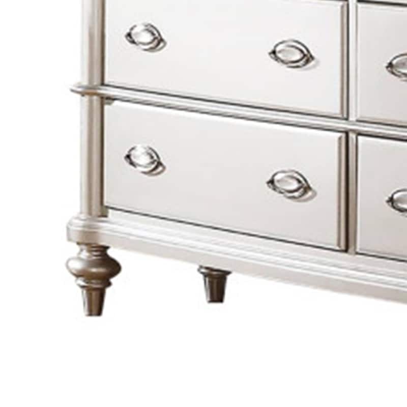 63 Inch Wide 6 Drawer Dresser, Crystal Like Knobs, Molded Details, Silver