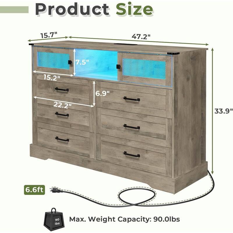 6 Drawers Dresser LED Charging Station Farmhouse Chest of Drawers