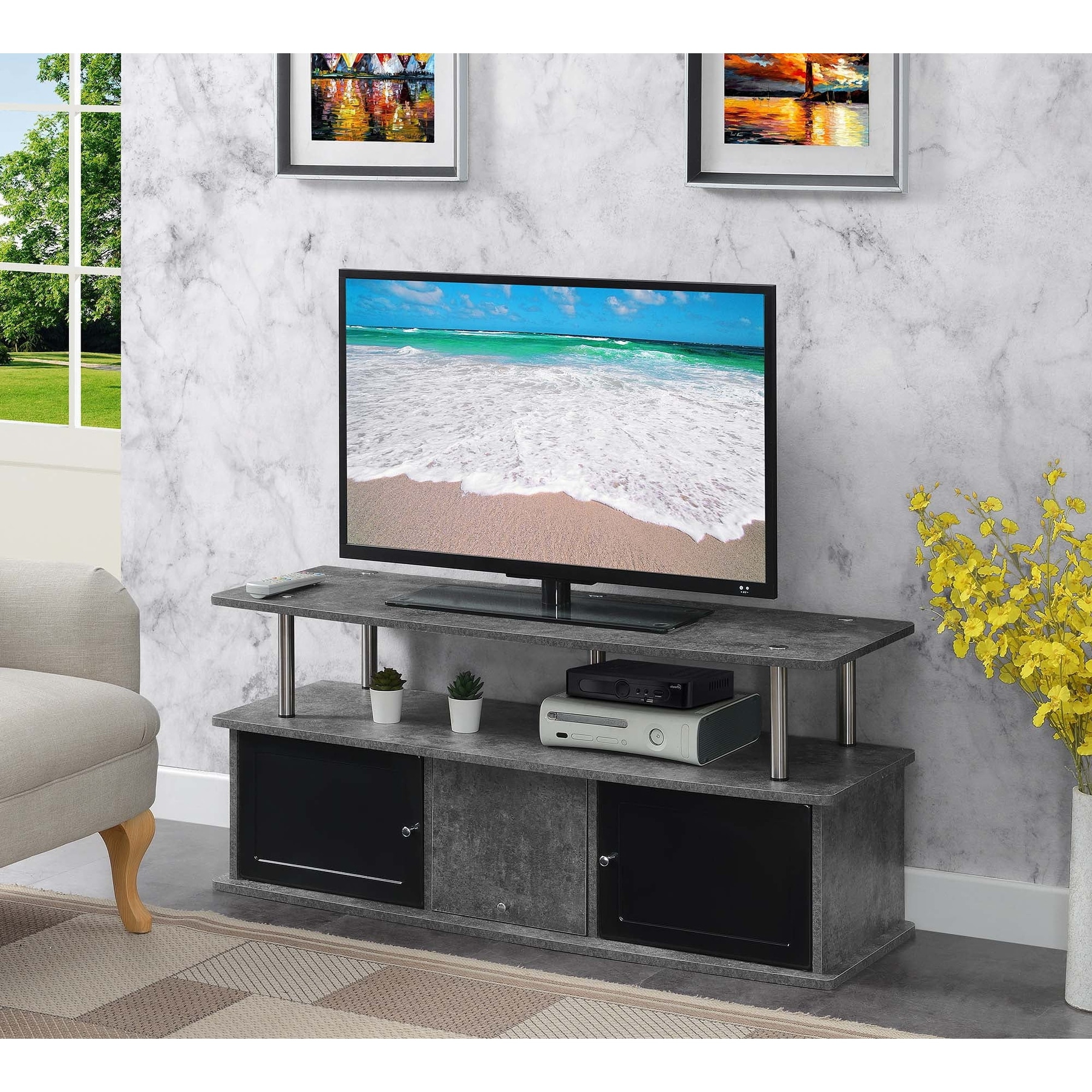 Modern 55-inch TV Stand with 3 Storage Cabinets and Open Shelves, Rust-Resistant Steel Legs