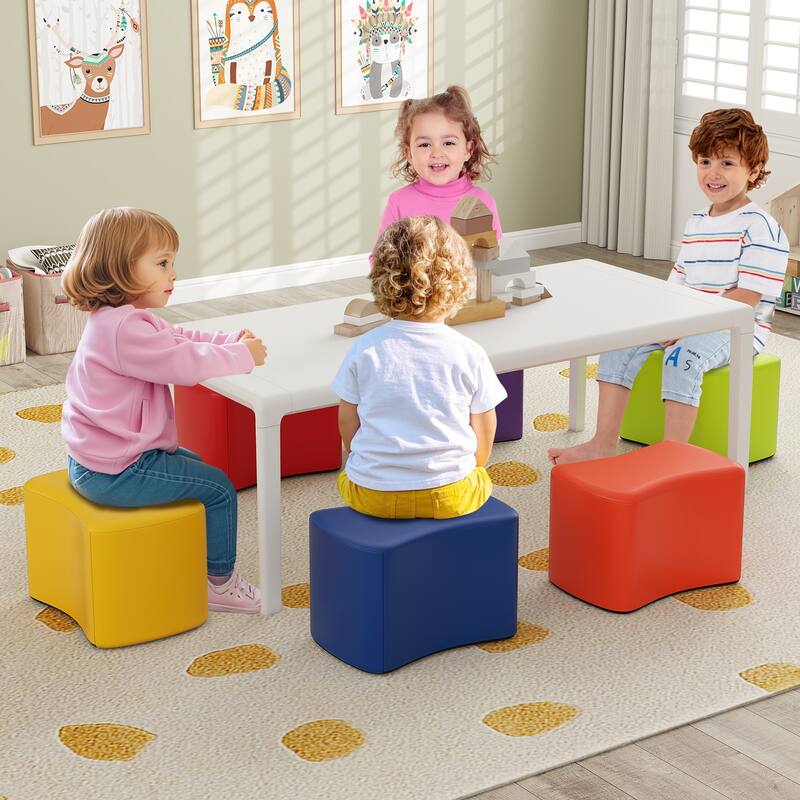 6-Piece Colorful Soft Sponge Cushion PU Leather Cover Stackable Seats Kids Stools - 14.5" x 10" x 10"