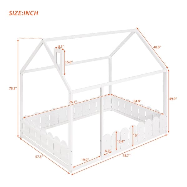dimension image slide 0 of 7, Kids Wood Bed, House Bed Frame with Fence-Shaped Guardrails for Teens Girls Boys, Slats are not Included