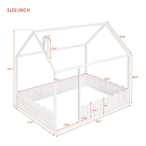 dimension image slide 6 of 7, Kids Wood House Bed Frame w/ Roof & Fence,Slats are not Included