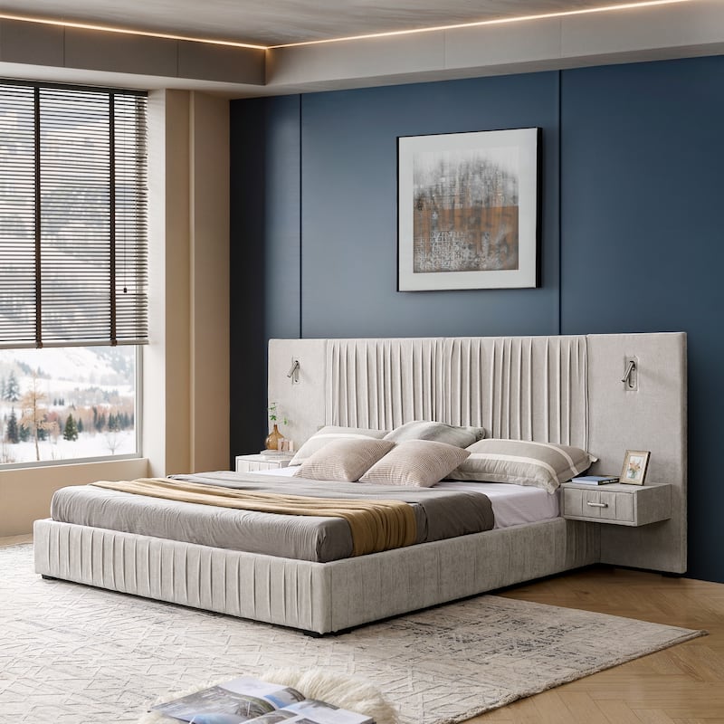 Pleating Upholstered Bed Platform Bed Frame with Enlarged Widened Headboard and Integrated Bedside Table Adjustable Bedside Lamp