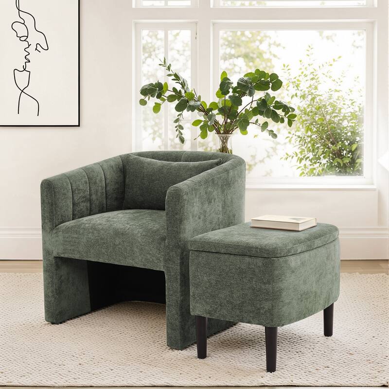 Barrel Accent Chair With Storage Ottoman,Modern Living Room Barrel Chair,Chenille Reading Chair With Ottoman For Living Room - Grayish Green