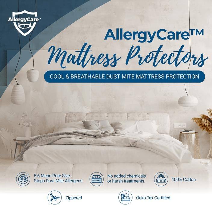 Allergy Care 100% Cotton Breathable Mattress Protector, Zippered Encasement, Blocks Dust Mites, Pollen and Pet Dander