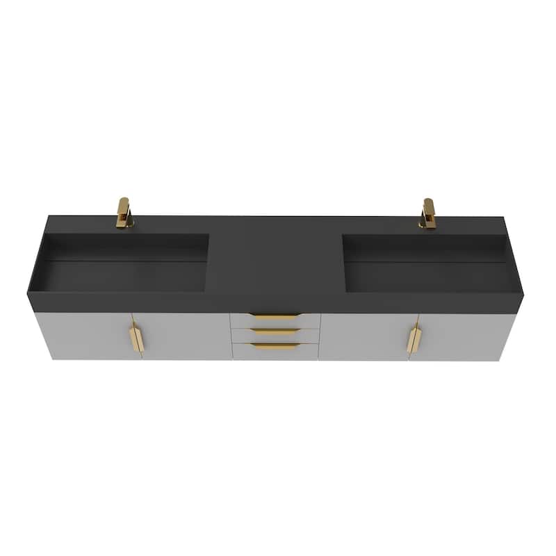 Amazon 84" Wall Mounted Double Bathroom Vanity Set w/ Black Top