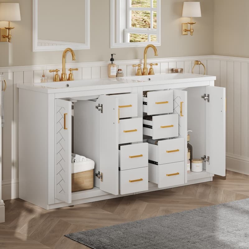 Roomfitters 60" Double Sink Bathroom Vanity with Ceramic Top, Solid Wood Storage Cabinet with Drawers and Soft Close Doors