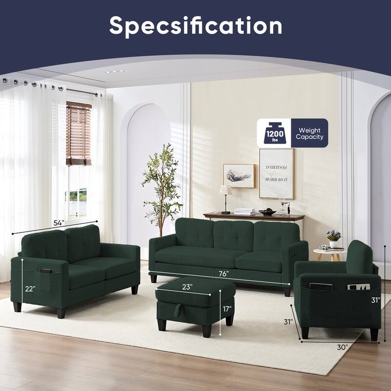 Mixoy 76'' L-Shaped Sofa Set,Corduroy Sectional Sofa,Mid Century 3-Seater Sofa with Storage Ottoman/Loveseat/Single Sofa
