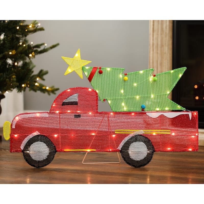Red Truck and Green Christmas Tree Lighted LED Holiday Yard Decoration - Red/Green/Black