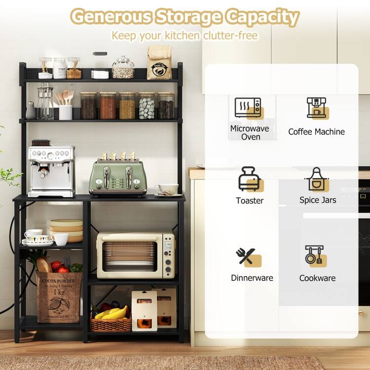 Kitchen Baker’s Rack with Charging Station, LED Light, Coffee Bar Station with Shelves - 35.5" x 16" x 58"