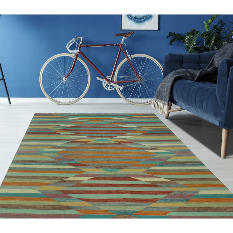 Hand-Woven Winchester Kilim Mariange Blue/Rust Rug - 6'5" x 9'7"