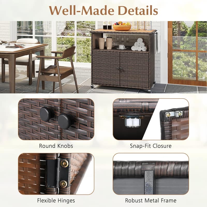 Gymax Outdoor Storage Cabinet w/Acacia Wood Top 2 Doors Buffet Cabinet