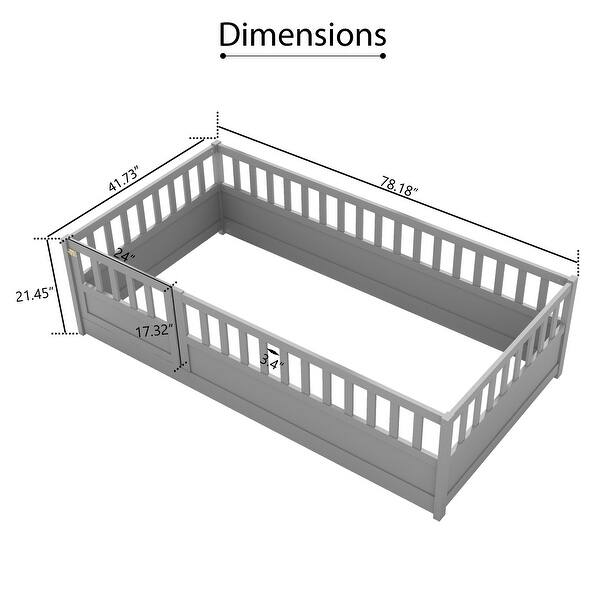 dimension image slide 1 of 2, Twin Floor Bed Frame with Guardrails and Entryway Door Wooden Montessori Style Play