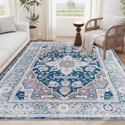 Area Rug 6x9 Vintage Bohemia Large Persian Non-slip Washable Rug For Living Room Kitchen Bedroom Living Room Flower Design Blue