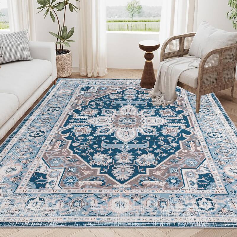 Area Rug 8x10 Vintage Bohemia Large Persian Non-slip Washable Rug Flower Design Blue - 8" x 10"