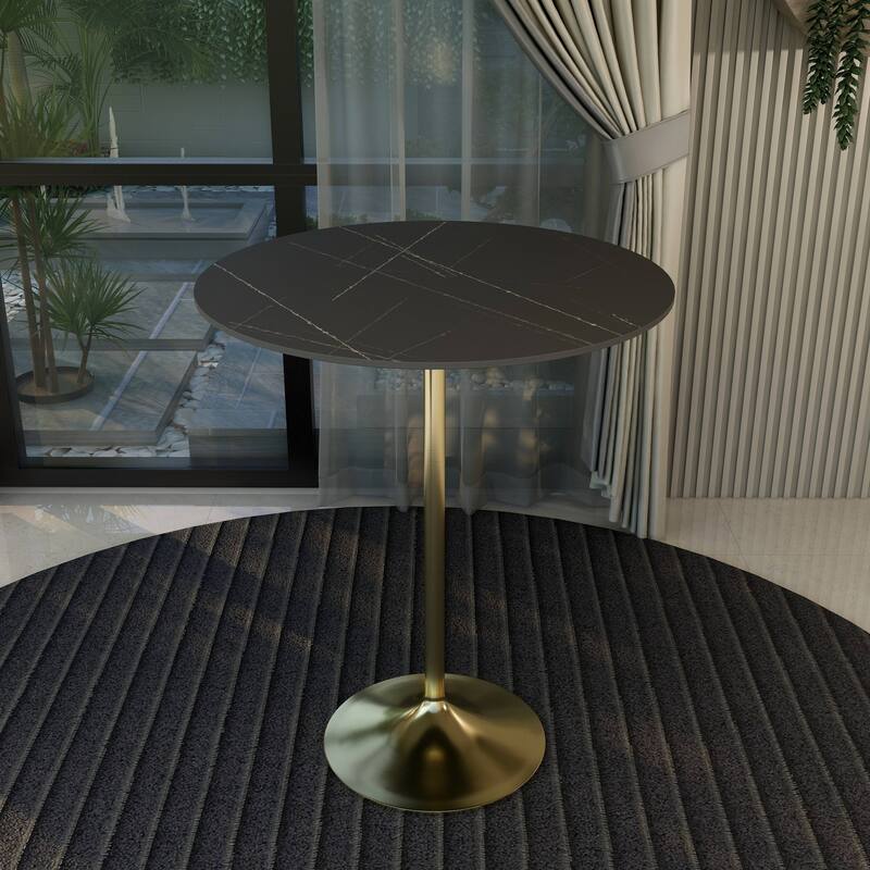LeisureMod Verve 36" Bar Dining Table with Sintered Stone Round Top in Gold Steel, Gold Marbleized
