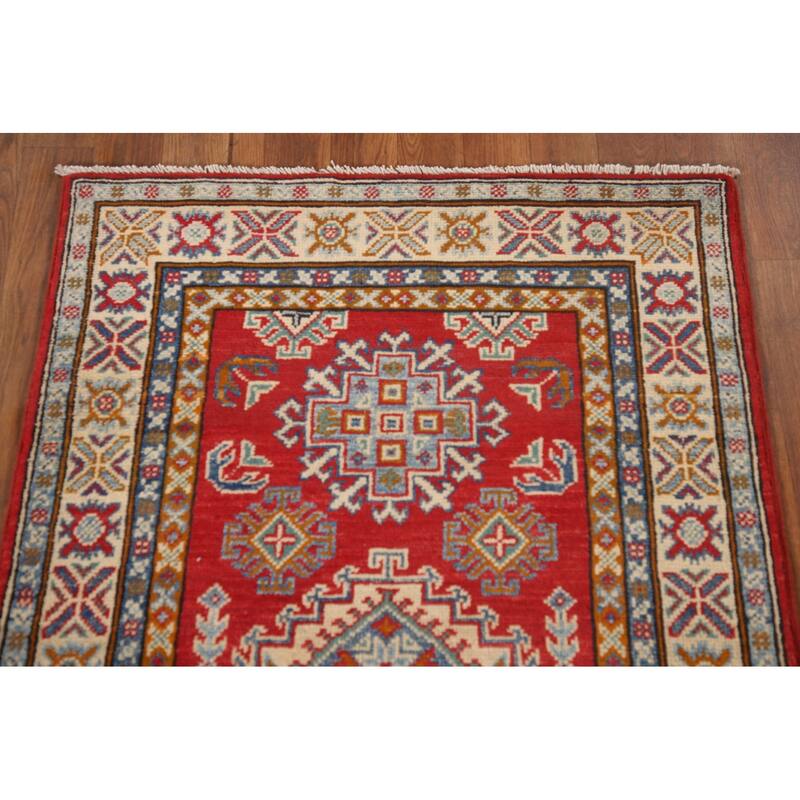 Kazak Oriental Accent Rug Hand-Knotted Red Geometric Wool Carpet - 2'8"x 4'1"