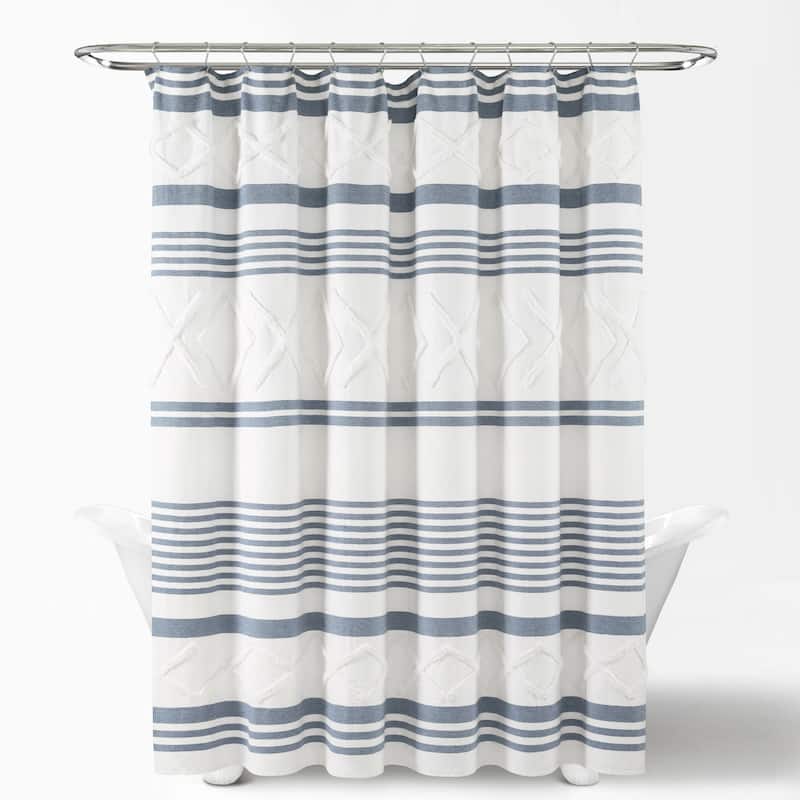 Lush Decor Urban Diamond Stripe Woven Tufted Eco-Friendly Recycled Cotton Shower Curtain Single