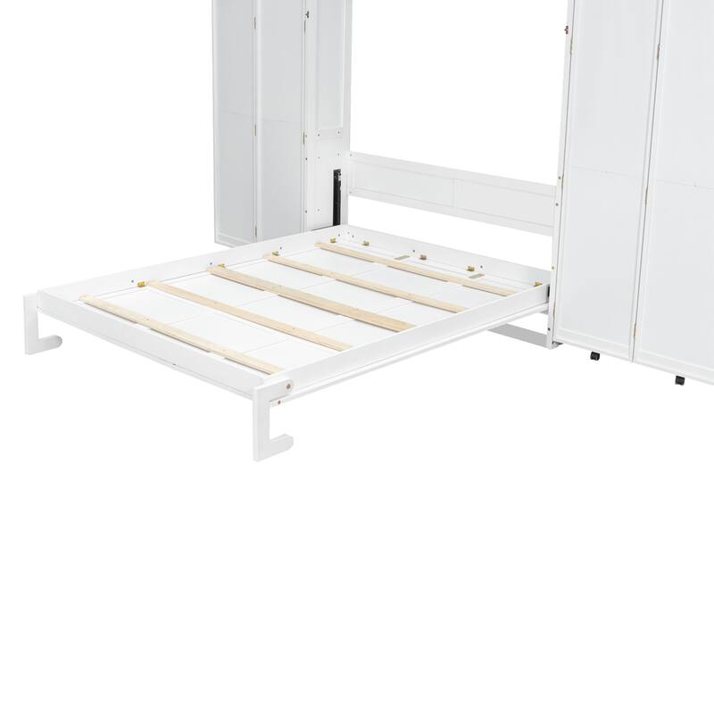 Queen Size Murphy Bed with Cabinets, Storage Wall Bed with Movable Bookcase, Wood Folding Bed Frame