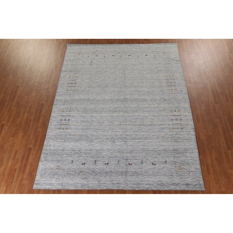 Ivory & Blue Gabbeh Oriental Area Rug Handmade Wool Carpet - 9'1"x 11'10"