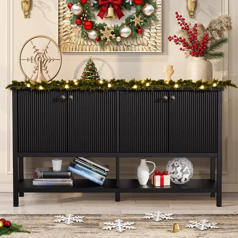 59" Sideboard Buffet Cabinet – Fluted 4-Door Storage, Farmhouse Accent Sideboard Large Console Table for Kitchen or Hallway - Black