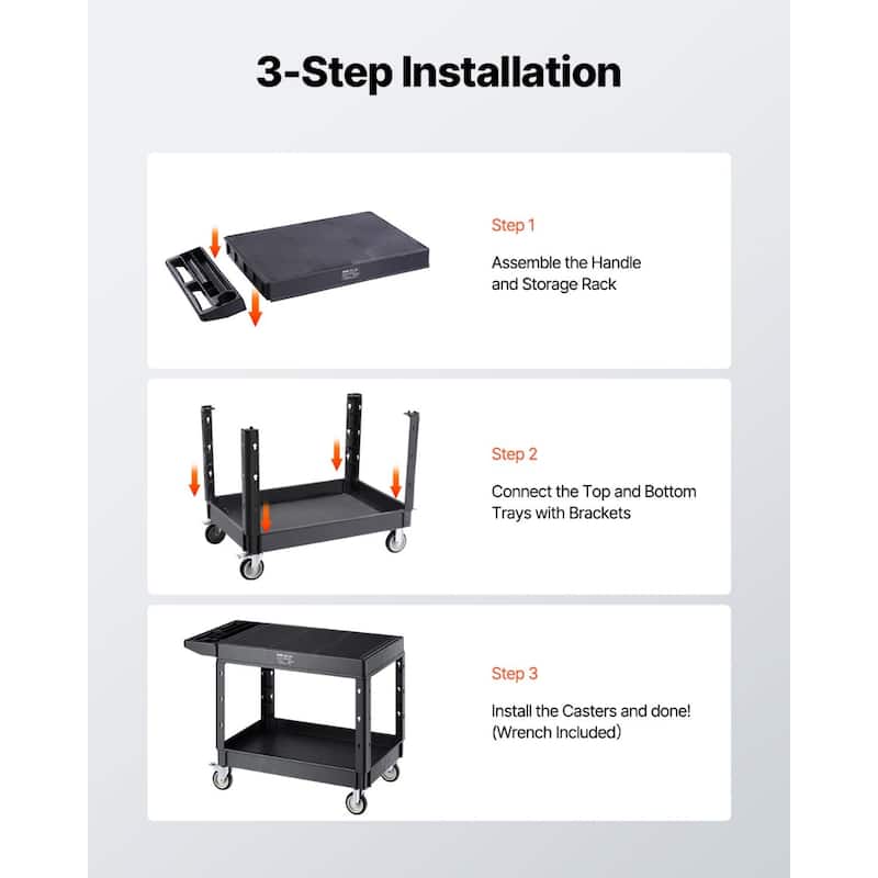 2-Shelf Utility Cart with Wheels, Heavy Duty Service Cart for Workshop - 44 x 25.5 x 34.1 in