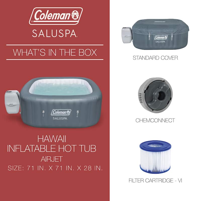 Coleman SaluSpa AirJet 6 Person Inflatable Square Hot Tub with 114 Jets, Gray - 71in. X 71in. X 28in.