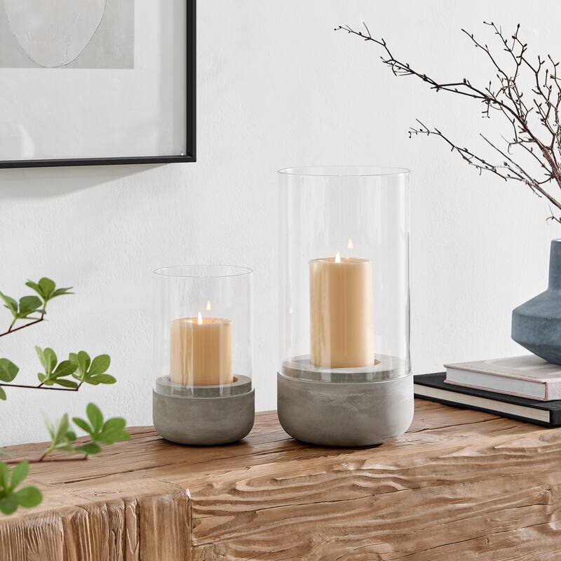 Danya B. Modern Cool Gray Cement Base and Glass Pillar Candle Holder