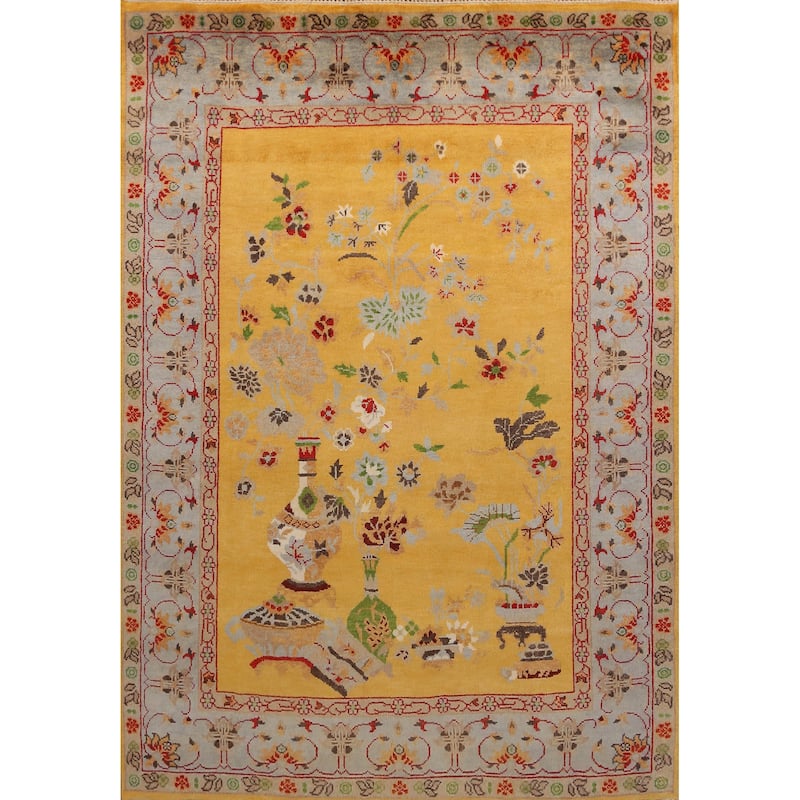 Floral Yellow Heriz Serapi Indian Area Rug Hand-Knotted Wool Carpet - 7'9" x 9'11"