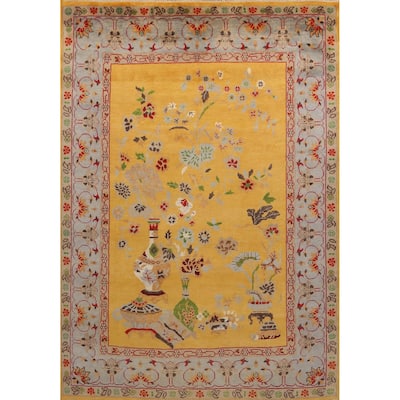 Floral Yellow Heriz Serapi Indian Area Rug Hand-Knotted Wool Carpet - 7'9" x 9'11"