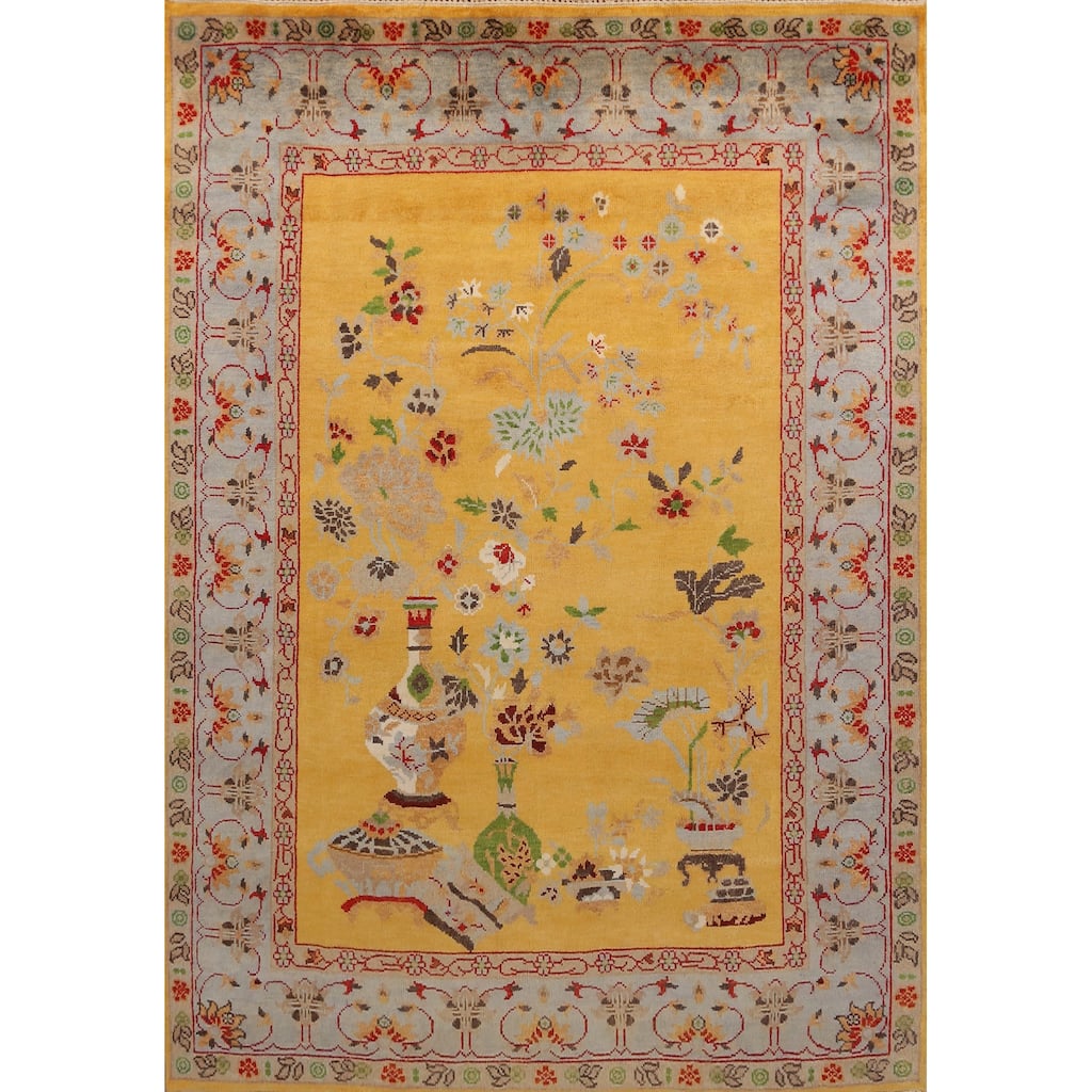Floral Yellow Heriz Serapi Indian Area Rug Hand-Knotted Wool Carpet - 7'9" x 9'11"