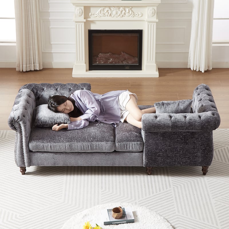 Roomfitters 81" Face-to-Face Chaise Lounge in Chenille, Button Tufted Rolled Arm Sofa with Nailhead Detailing