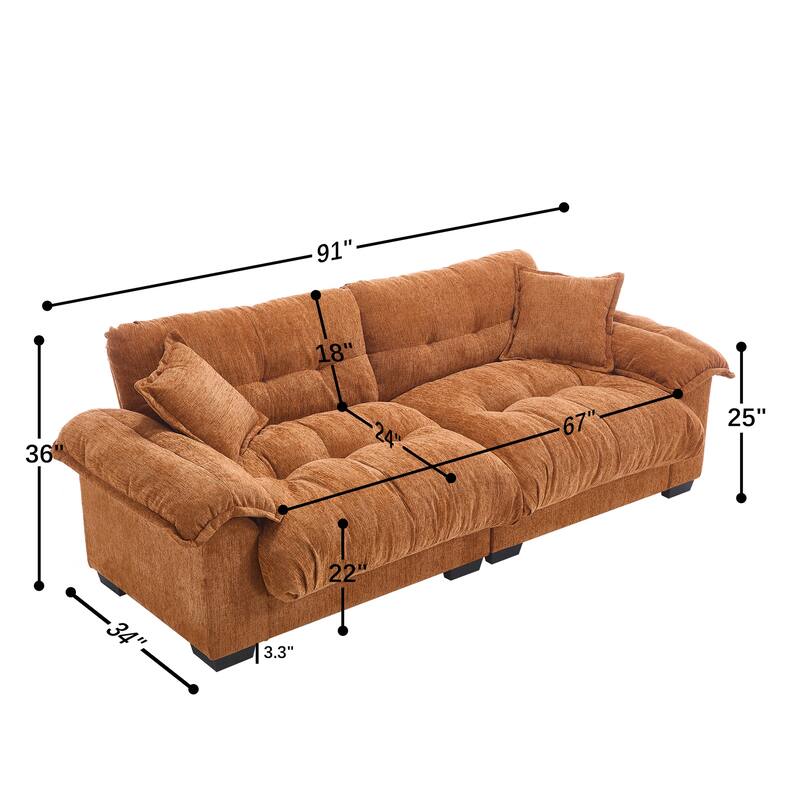 91" Modern Chenille Sofa Tufted Upholstered Couch with Two Throw Pillows for Living Room, Office, Living Room