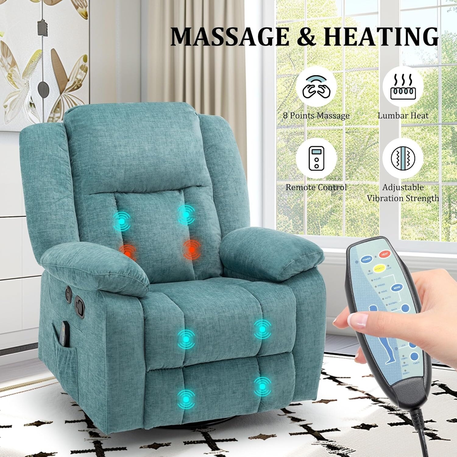 Teal Heat Massage Swivel Recliner Chair with Side Pocket and USB