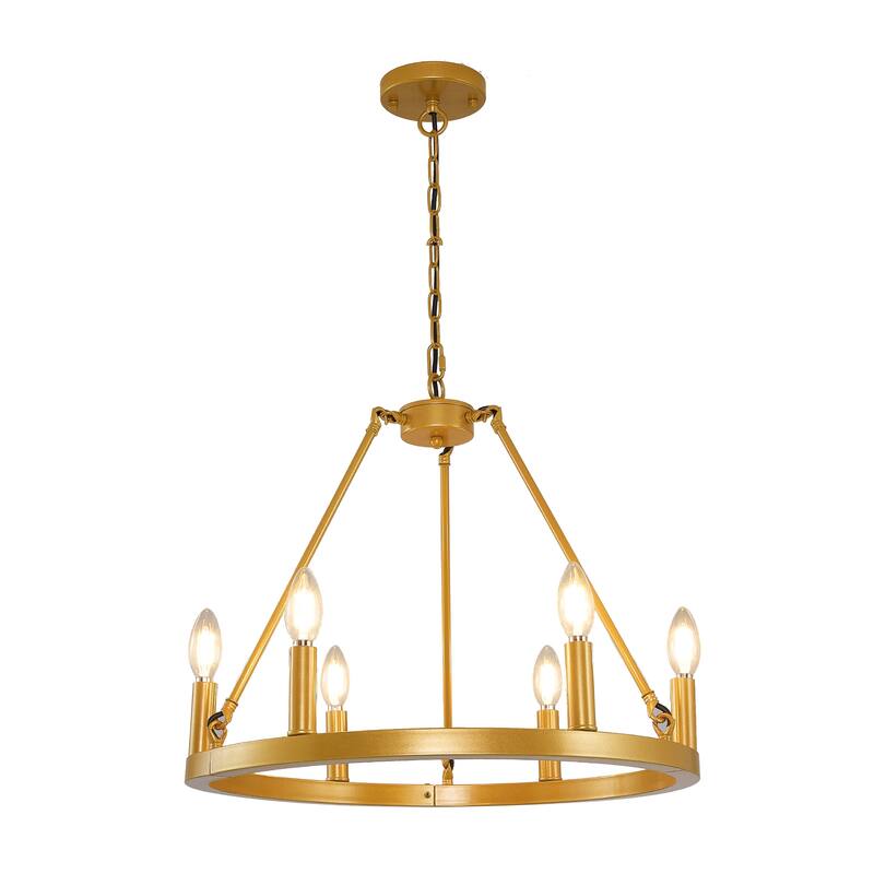 Black Farmhouse Chandelier, 6-Light Wagon Wheel Chandelier with Adjustable Height