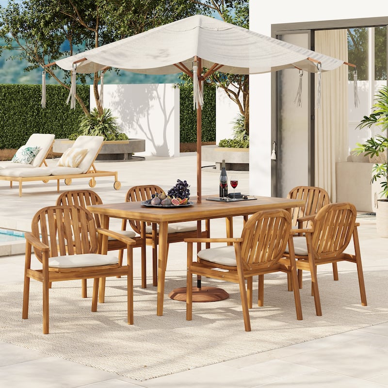 Christopher Knight Home - Keith Acacia Wood Outdoor 7 Piece Dining Set with Polyester Cushion - 7 Piece - Teak Finish+Beige Cushion