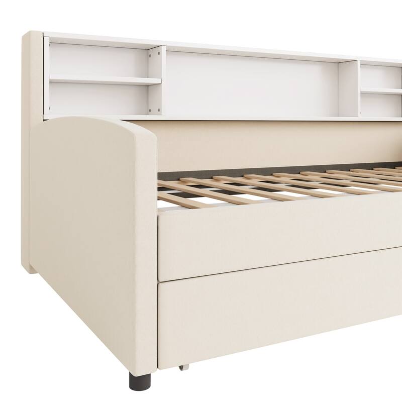 Twin Velvet Upholstered Bed Frame with Storage Drawers and Built-In Shelf, Platform Design with Plush Headboard