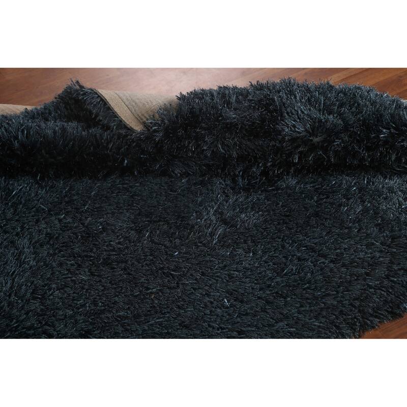 Blue Plush Shaggy Indian Area Rug Hand-Tufted Wool Carpet - 5'0" x 8'0"