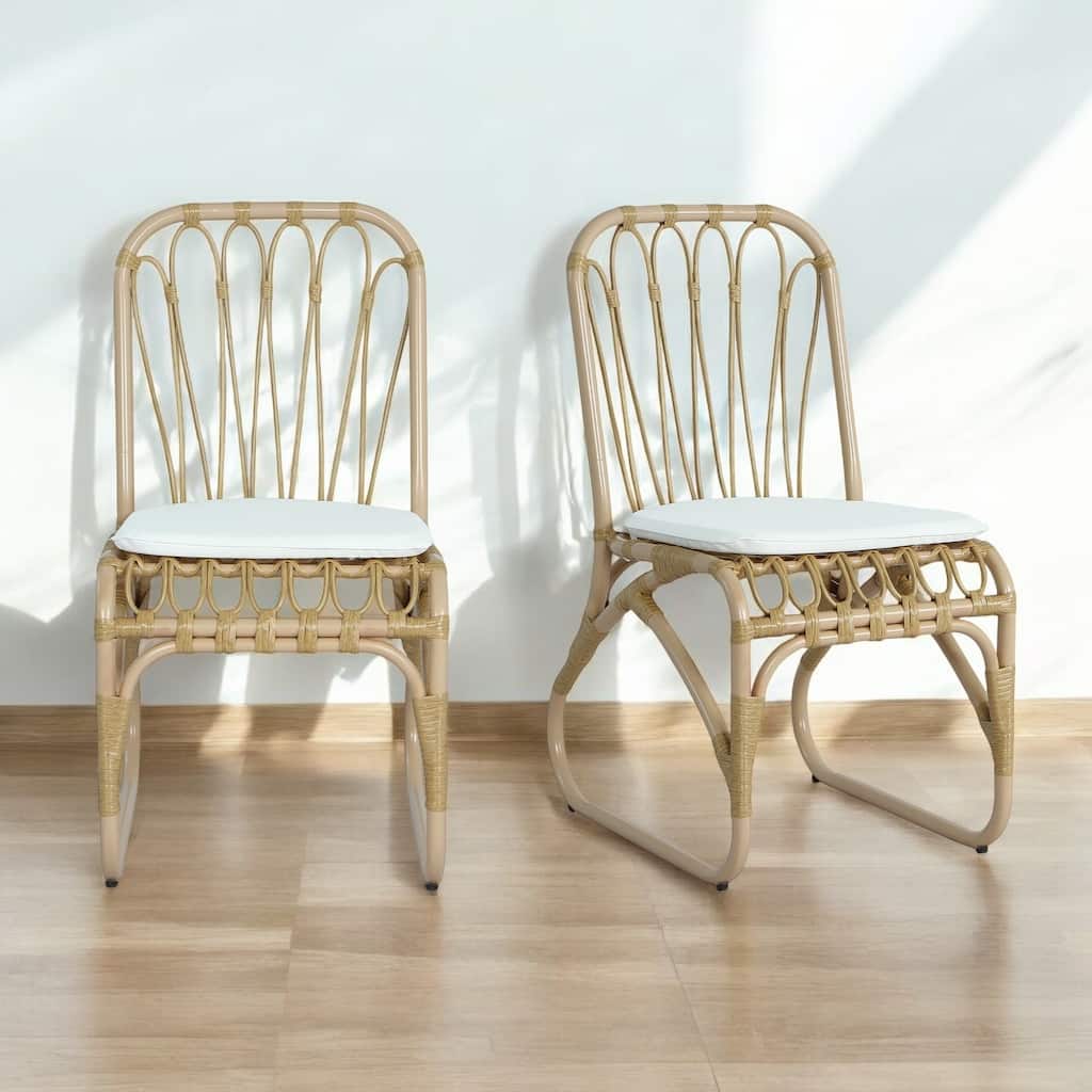 Outdoor PE Wicker Dining Chairs with Cushions – Set of 2 Petal-Shaped Outdoor Chairs for Garden, Patio, Backyard, Poolside
