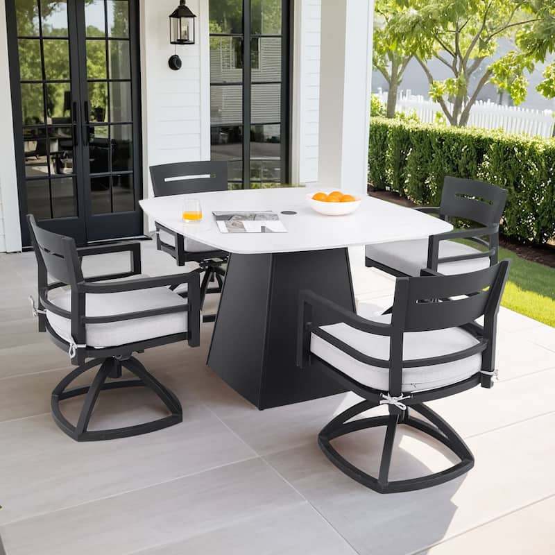 5-Piece Outdoor Aluminum Square Dining Set with Sintered Stone Top, Swivel Rockers, Sunbrella Fabric - White/Black