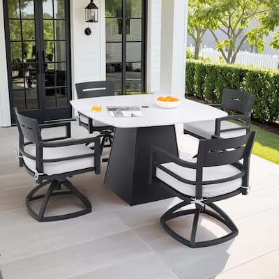 5-Piece Outdoor Aluminum Square Dining Set with Sintered Stone Top, Swivel Rockers, Sunbrella Fabric