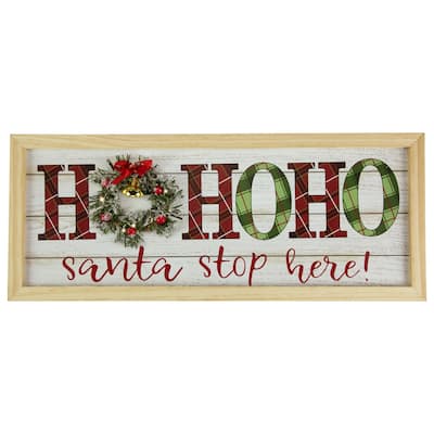 19.75" LED Lighted Plaid 'Ho Ho Ho' Wooden Christmas Wall Sign