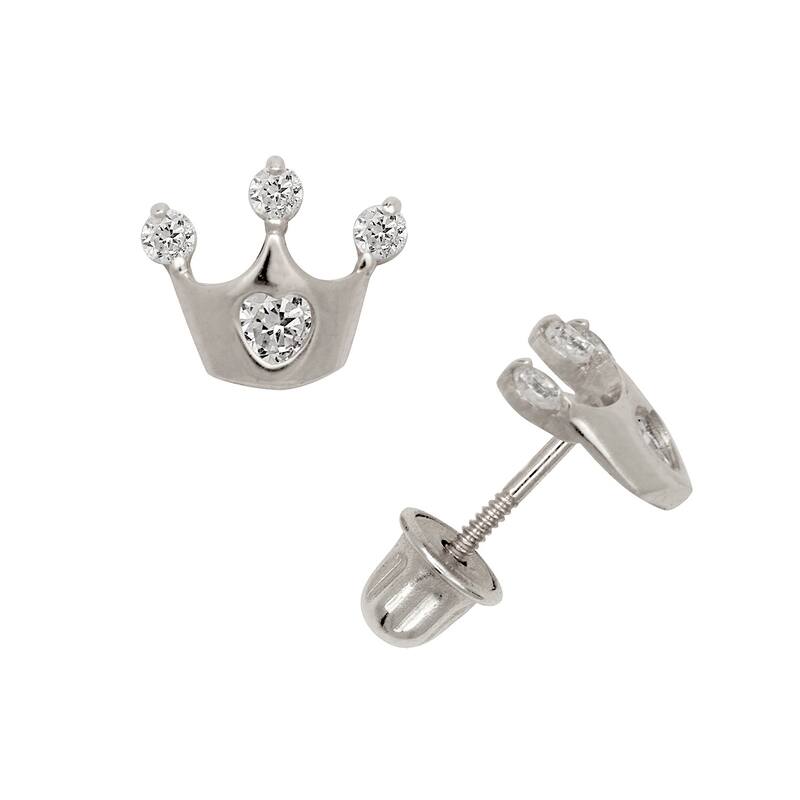 Curata 14k Gold Round Cubic Zirconia Small Crown Stud Screw Back Earrings - White - White