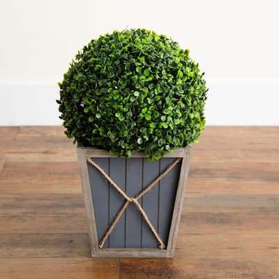 Pre-Lit Boxwood Ball Topiary Outdoor Artificial Plant in Planter - 18"