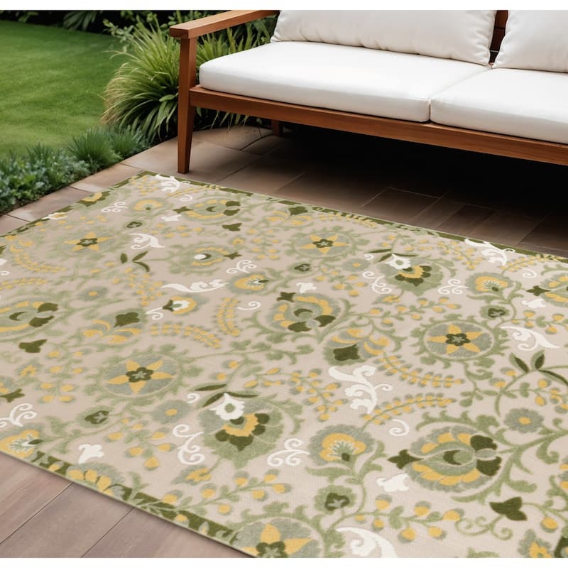 HomeRoots Floral Contemporary Rectangle Outdoor Rug - 10' X 14' - Green/Yellow/Ivory - 10' X 14'