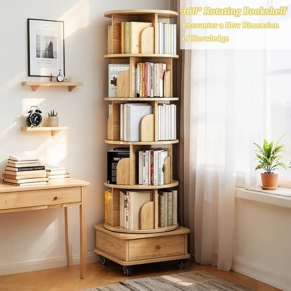 GDF Studio - Purling Modern 6-Tier Wood 360-Degree Rotating Bookshelf with Drawer Storage - Natural