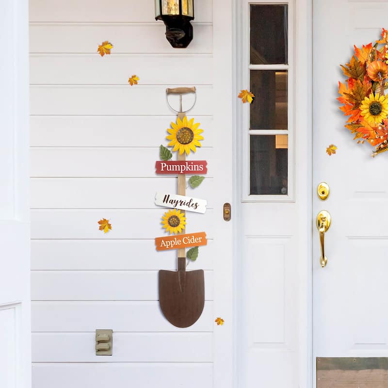 Glitzhome Fall Wood & Metal Shovel with Sunflower Yard Stake Standing Hanging Decor for Thanksgiving