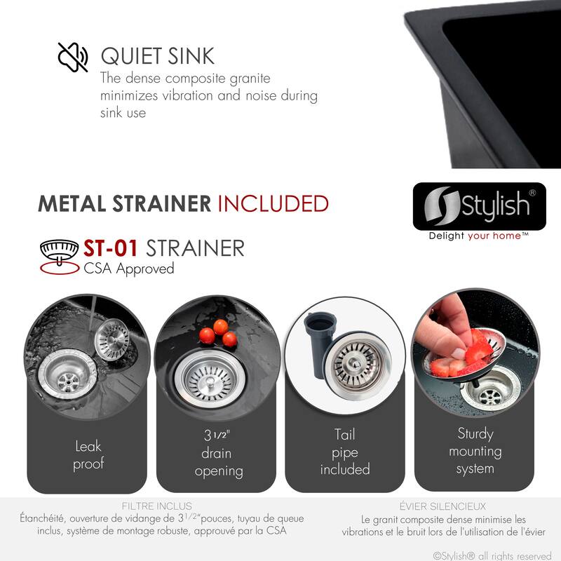 Dual mount 22 inch Black Composite Granite Single Bowl Kitchen Sink