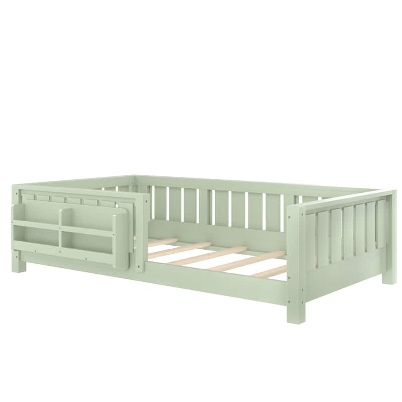 Low Profile Montessori Bed Floor Platform Bed with Fence and Bookshelf