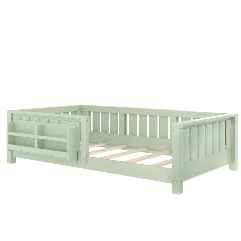 Twin bed with built-in bookshelf and high-quality safety guardrail